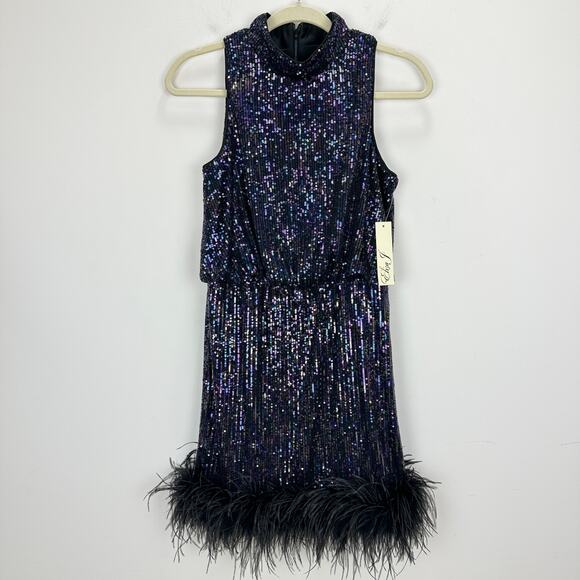 Eliza J Sequined Feather Hem Mini Dress Party Glam Mockneck Sleeveless US 6 NWT - Picture 5 of 13